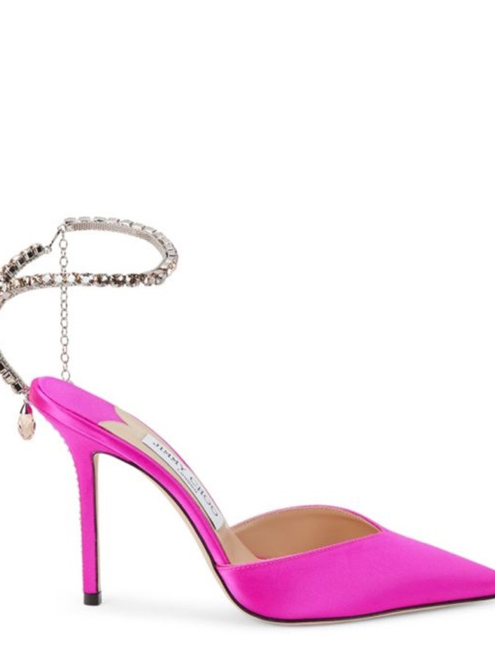 Jimmy Choo Fuchsia Satin Pointed Toe Stiletto with Crystal Ankle Chain 100 mm